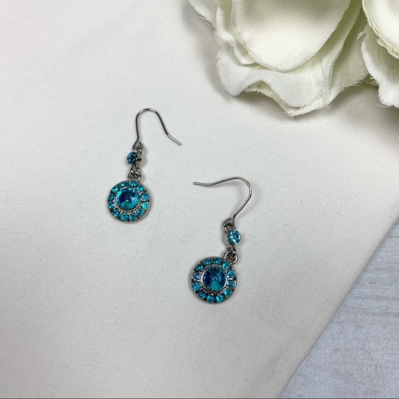 Aqua Blue Rhinestone Round Dangle Earrings - Picture 2 of 4